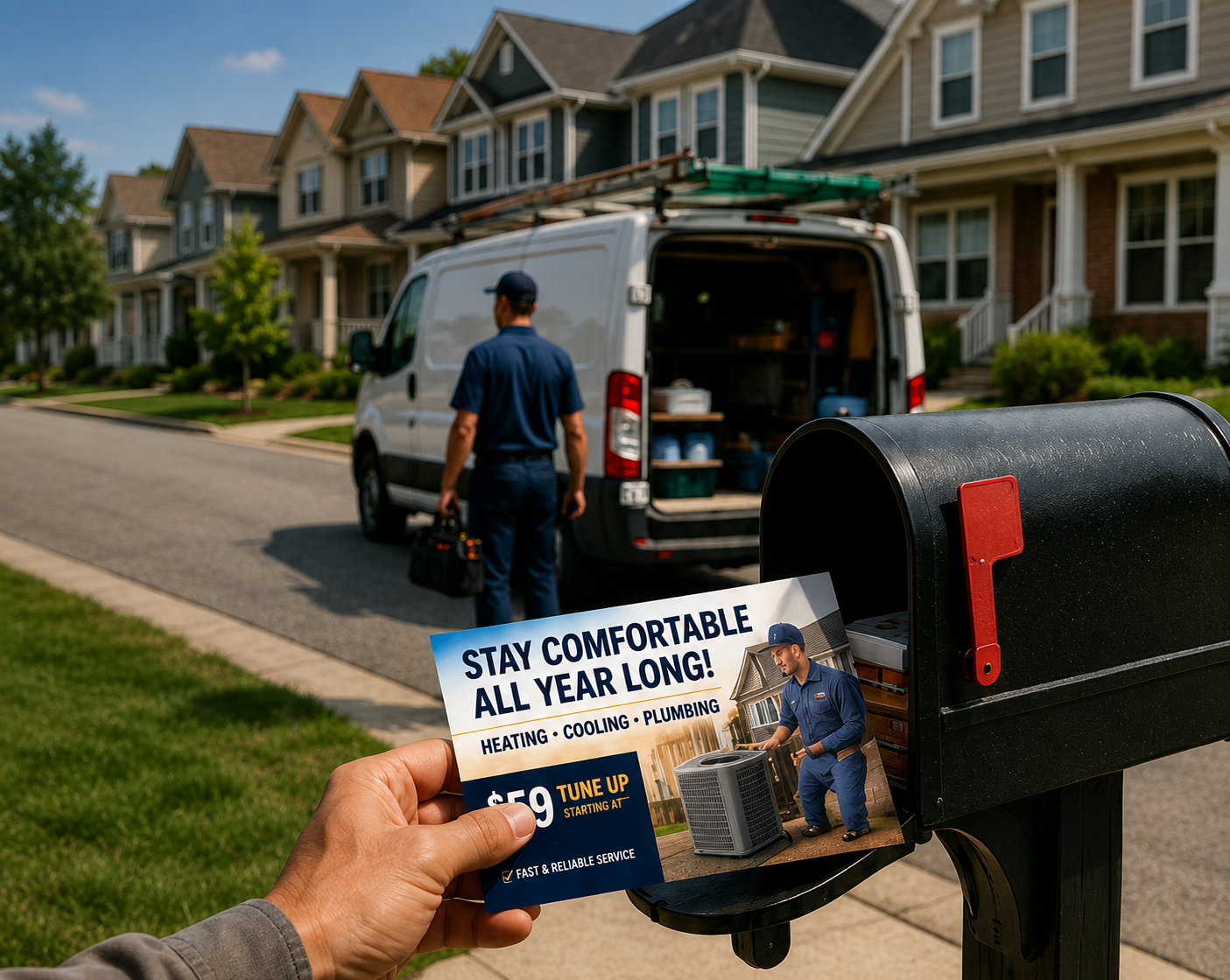 Homeowner holding an HVAC postcard at the mailbox while a service van is parked on the street